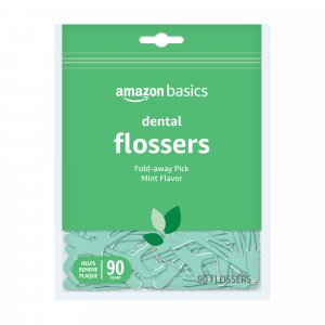 Amazon Basics Mint Dental Flossers, Shred Resistant, Slides Easily Between Teeth, with Fold-Away Pick, 90 Count, 1-Pack (Previously Solimo)