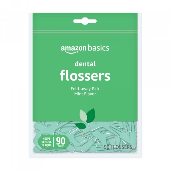 Amazon Basics Mint Dental Flossers, Shred Resistant, Slides Easily Between Teeth, with Fold-Away Pick, 90 Count, 1-Pack (Previously Solimo)