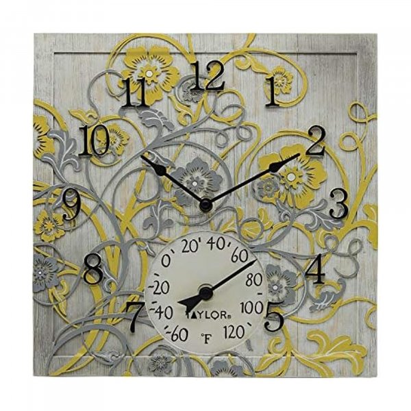 Taylor Precision Prod. 92692T 14-Inch x 14-Inch Beachwood Clock with Thermometer