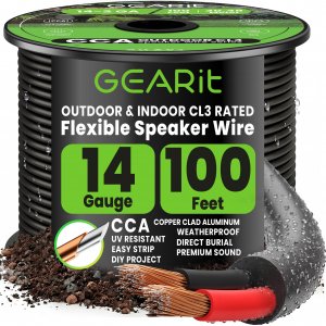 GEARit 14 Gauge Speaker Wire Cable,14 Gauge Wire CL3 Rated 100ft,Audio Cable with Red/Black Color Coded,Outdoor Speaker Wires for Home,Car,Outdoor,Patio,Garden,In-Wall,Backyard,CCA(Black,2-Conductors)