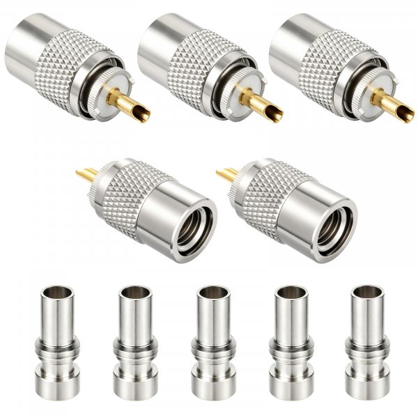 RFAdapter PL 259 Connectors, 5 Pack PL-259 UHF Male Solder Connector Plug with Reducer, Teflon Material 50ohm for RG59, RG8, RG8x, LMR-400, RG-213 Coaxial Cable Compatiable with Ham Radio Antenna
