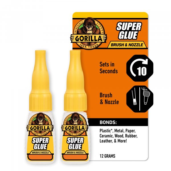 Gorilla Super Glue with Brush & Nozzle Applicator, Clear, 12 g, 2-Pack