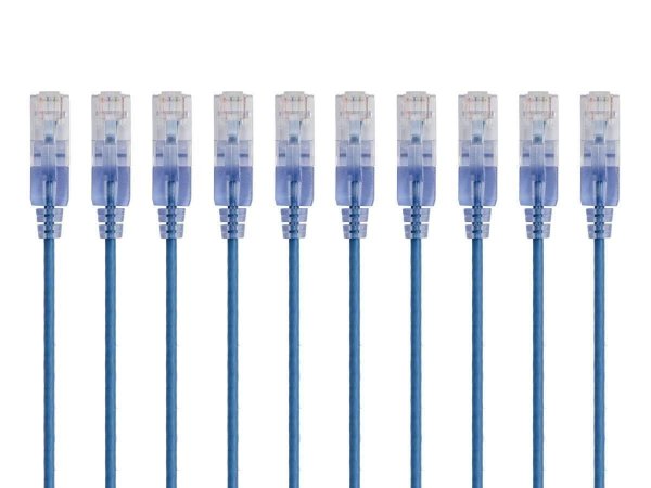 Monoprice Cat6A Ethernet Patch Cable - Snagless RJ45, 550Mhz, 10G, UTP, Pure Bare Copper Wire, 30AWG, 10-Pack, 1 Feet, Blue - SlimRun Series