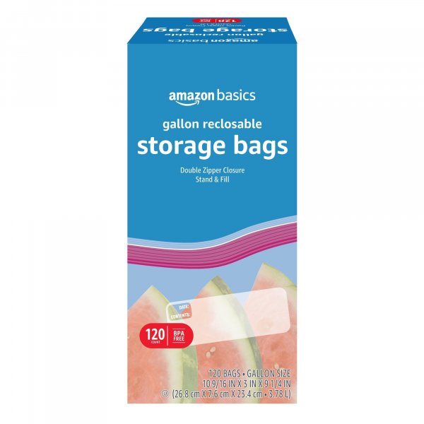 Amazon Basics Reclosable Gallon Food Storage Bags with Double Zipper Seal, Stand and Fill Base, BPA Free, 120 Count