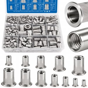 DFDU 390Pcs Rivet Nut Kit, Metric & SAE Rivnut Assortment Set M3 M4 M5 M6 M8 M10 M12#8-32#10-24 1/4"-20 5/16"-18 3/8"-16 304 Stainless Steel Nutsert Flat Head Threaded Inserts for Metal, Automotive