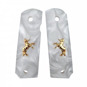 1911 Grips Full Size,White Pearl with Gold Horse,Fits Colt,Kimber,Springfield,Remington,Rock Island .etc,Government Commander Models,Resin Material