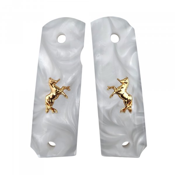 1911 Grips Full Size,White Pearl with Gold Horse,Fits Colt,Kimber,Springfield,Remington,Rock Island .etc,Government Commander Models,Resin Material