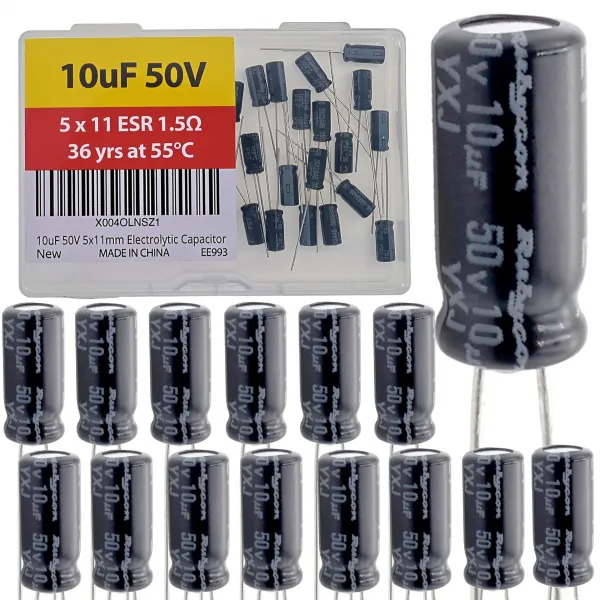 10uF 50V 5x11mm Rubycon Electrolytic Capacitor Low ESR 1.5Ω Long Life 36yrs at 55 Degree C mfd mircofarad Micro Farad adial Lead Aluminum Capacitors (Pack of 15)