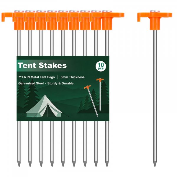 FEED GARDEN Heavy Duty Tent Stakes 7 Inch, 10 Pack Galvanized Steel Camping Pegs, Ground Anchors for Tents, Canopy and Tarp, Rust Resistant Metal Stakes with High Visibility Orange Heads for Outdoor