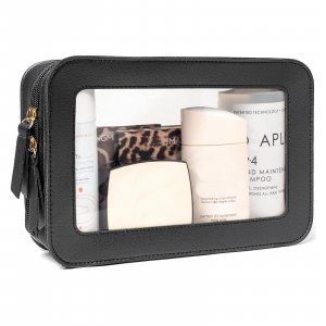 FFpaw Clear Makeup Bag Organizer, TSA Approved Portable Travel Toiletry Bag Clear Cosmetic Bag Case Small Make Up Bag Mini Makeup Pouch for Purse Car Essentials for Women Men (Black)