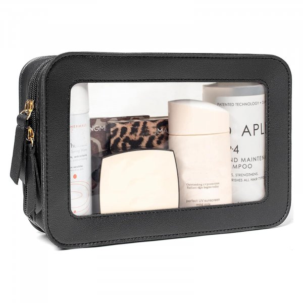 FFpaw Clear Makeup Bag Organizer, TSA Approved Portable Travel Toiletry Bag Clear Cosmetic Bag Case Small Make Up Bag Mini Makeup Pouch for Purse Car Essentials for Women Men (Black)