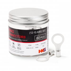 HKS 60PCS Non-Insulated Ring Terminals, 3/8” Stud, AWG 12-10 (4-6mm²) Tinned Red Copper Crimp Connectors, M10 Bolt Size, Uninsulated Wire Lugs for Electrical Wiring & Automotive Applications