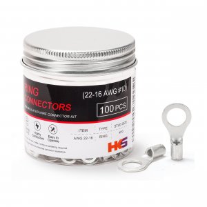 HKS 100PCS Non-Insulated Ring Terminals, #10 Stud, AWG 22-16 (0.5-1.5mm²) Tinned Red Copper Crimp Connectors, M5 Bolt Size, Uninsulated Wire Lugs for Electrical Wiring & Automotive Applications