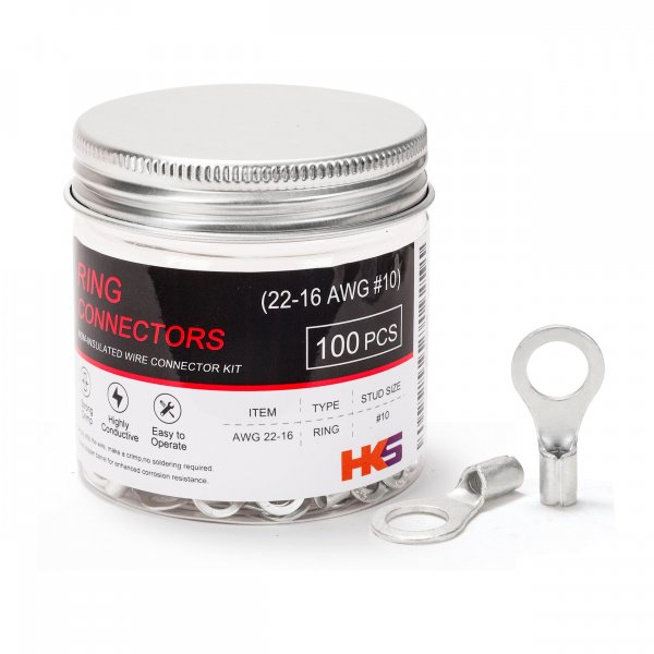 HKS 100PCS Non-Insulated Ring Terminals, #10 Stud, AWG 22-16 (0.5-1.5mm²) Tinned Red Copper Crimp Connectors, M5 Bolt Size, Uninsulated Wire Lugs for Electrical Wiring & Automotive Applications