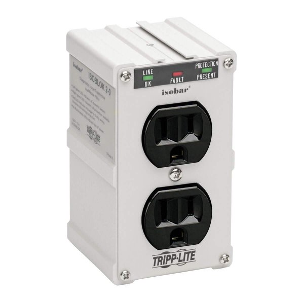 Tripp Lite Isobar ISOBLOK2-0 Heavy Duty Outlet Extender, Wall Power Strip Surge Protector, 2 Outlets, Direct Plug-in, White, Metal Power Strip, Industrial Garage Work Shop Bench