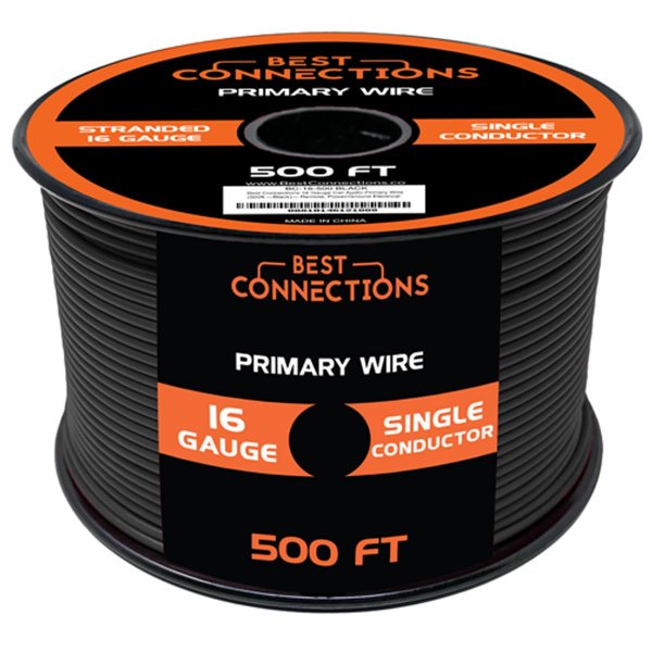BEST CONNECTIONS Automotive Primary Wire - 500ft (Various Color Options) | Ideal for Trailer, Speaker, and Lighting Circuits | Durable Primary/Remote, Power/Ground Electrical Wiring (Black, 16 Gauge)