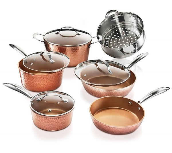 Gotham Steel Hammered 15 Pc Ceramic Cookware Set, Induction Pots and Pans Set Non Stick with Cooking Utensils & Steamer, Non Toxic Ceramic & Titanium Coating PFOA PFOS Free, Oven & Dishwasher Safe