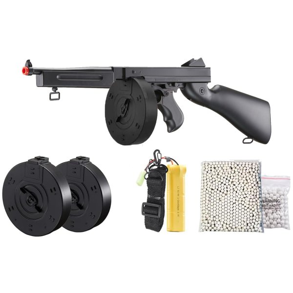 Airsoft Tommy Submachine Gun WW2 Chicago Typewriter M1A1 Full Auto Electric SMG AEG with Extra Drum Magazines, Battery and Charger (Black)