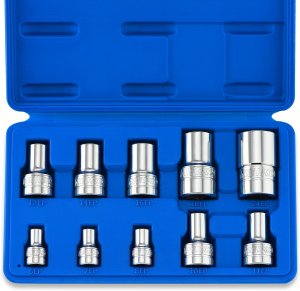 Neiko 02473A External Torx Plus Socket Set,10 Piece | 1/4-Inch EP6 - EP8, 3/8-Inch EP10 - EP16, 1/2-Inch Square Drive EP18 and EP24 | CR-V Steel