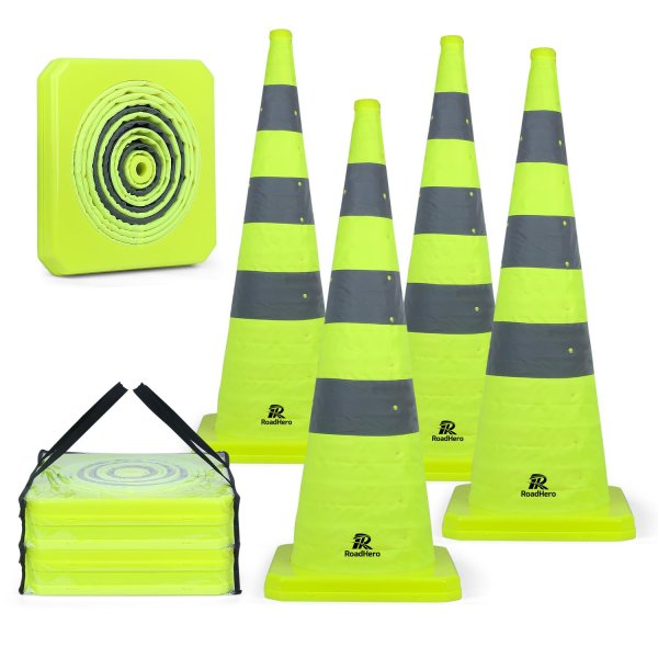 RoadHero 36 Inch 4 Pack Collapsible Traffic Safety Cones with Bag, Green