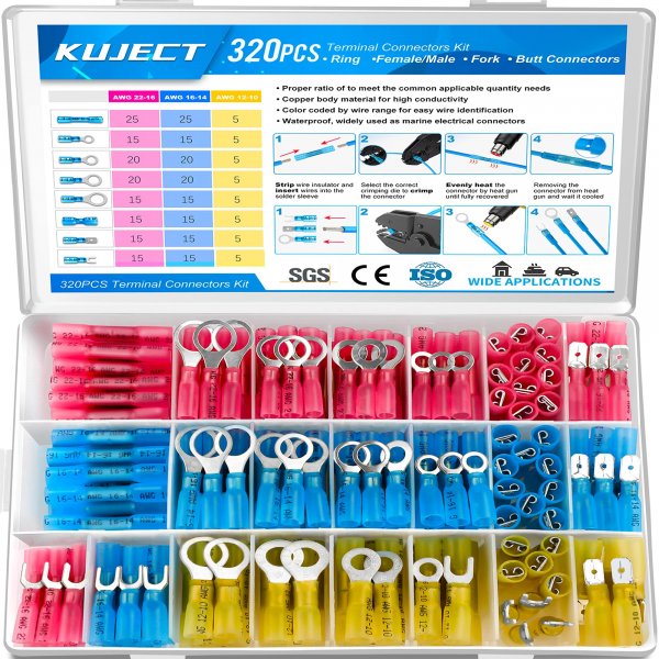 Kuject 320PCS Heat Shrink Wire Connectors Kit, Electrical Waterproof Crimp Butt Terminals, Insulated Spade Connectors for Automotive Marine Boat Truck, Include Rings Forks Spade Butt Splices