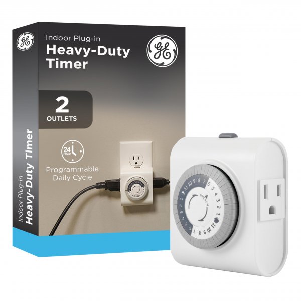 GE 24‑Hour Plug-in Mechanical Timer Outlet, 2 Grounded Outlets, 1 Pack