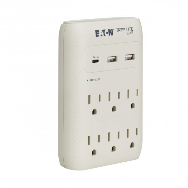 Eaton Tripp Lite SK60C Wall Surge Protector Power Strip & USB Wall Charger, 6-Outlet Extender, 1 USB-C + 2 USB Ports, 1080 Joules, Multi-Plug Outlet Splitter, Gray, Lifetime Manufacturer's Warranty