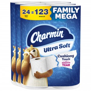 Charmin Ultra Soft Cushiony Touch Toilet Paper, 24 Family Mega = 123 Regular Rolls, White