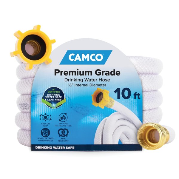 Camco TastePURE 10-Ft Water Hose - RV Drinking Water Hose Contains No Lead, No BPA & No Phthalate - Features Diamond-Hatch Reinforced PVC Design - 1/2” Inside Diameter, Made in the USA (22743)