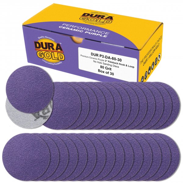 Dura-Gold Premium 80 Grit 3" Purple Film Ceramic Sanding Discs, Box of 30