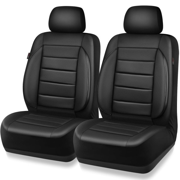 CAR PASS Faux Leather Car Seat Covers Front Seats Only, 3D Foam Support Car Seat Covers, Universal fit for Trucks Vans SUVs Sedans Automotive Comfortable, Airbag Compatible 2 Pieces Front Solid Black