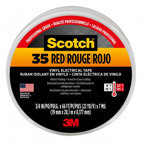 Scotch 35 Vinyl Electrical Color Coding Tape, 3" Core, 0.75" x 66 ft, Red