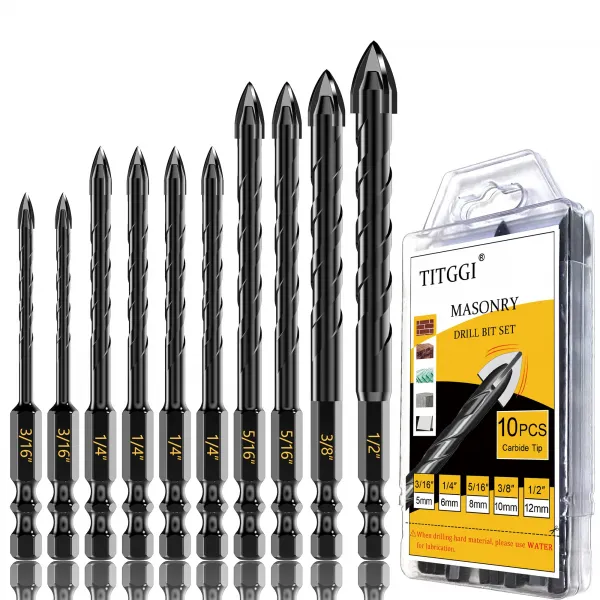 10Pcs Cross-Tip Masonry Drill Bit Set & Concrete Drill Bit Set, 3/16"-1/2"