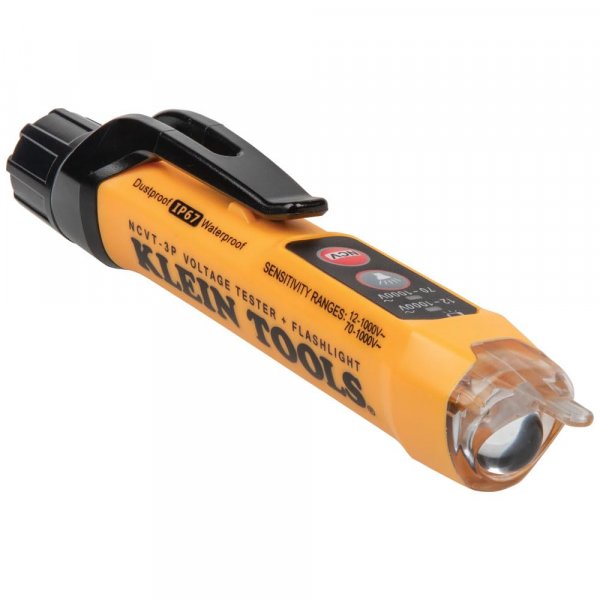Klein Tools NCVT3P Dual Range Non Contact Voltage Tester, 12 - 1000V AC Pen, Flashlight, Audible and Flashing LED Alarms, Pocket Clip
