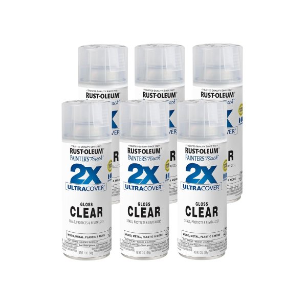 Rust-Oleum 334029-6PK Painter's Touch 2X Ultra Cover Spray Paint, 12 oz, Gloss Clear, 6 Pack