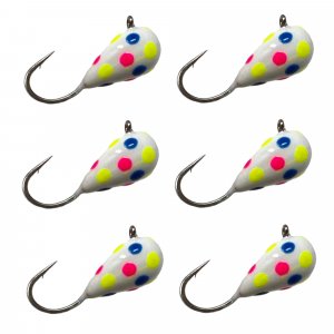 Reaction Tackle Tungsten Ice Fishing Jigs, Tear Drop Jig Heads that Glow with UV Light for Panfish, Crappie, Walleye, Perch, Trout and Bluegill - Wonder Glow Spots 6-pcs 5 mm