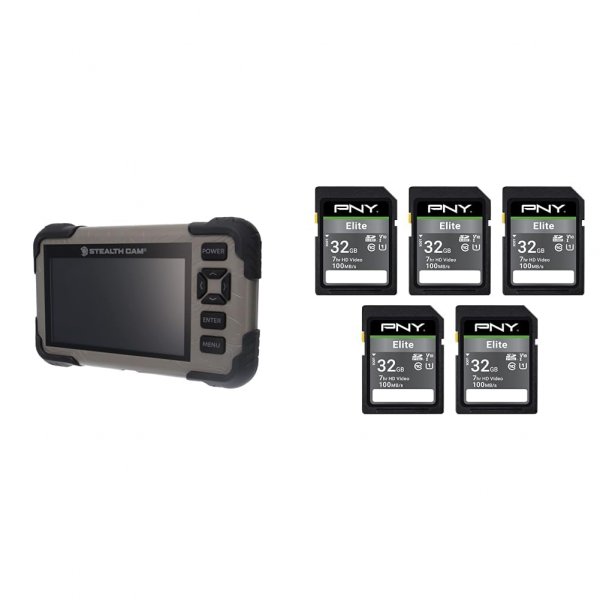 Stealth Cam SD Card Reader/Photo & HD Video 1080P Viewer & PNY 32GB Elite Class 10 U1 V10 SDHC Flash Memory Card 5-Pack - 100MB/s Read, Class 10, U1 Full HD, UHS-I, Full Size SD