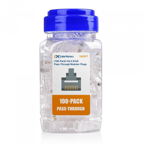 Cable Matters 100-Pack Cat 6 Pass Through RJ45 Connectors, 50µ Gold Plated (Cat 6 Ends / Cat6 Connector /RJ45 Modular Plugs/Ethernet Plugs/Network Connector) for Solid or Stranded UTP Ethernet Cable