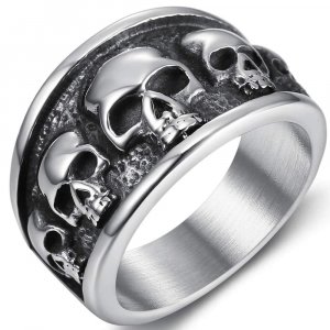 JUDE Retro Vintage Stainless Steel Gothic Death Skull Skeleton Cocktail Party Biker Statement Halloween Ring (Silver, 7.5)
