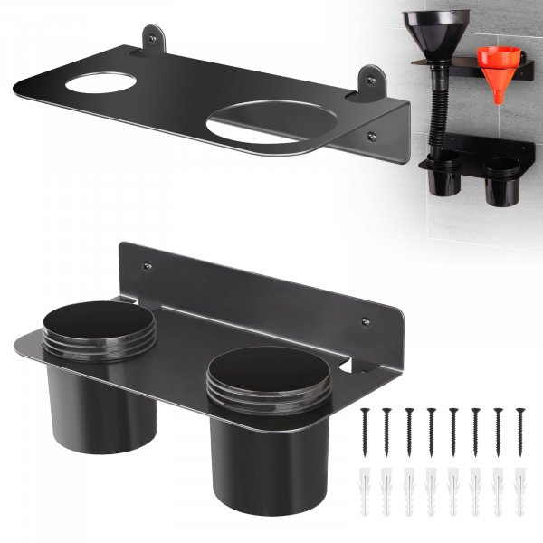 SKYJDM Oil Dual Funnel Holder Storage Rack Includes 2 Plastic Removable Drip Cups, Wall Mount Fluid Drain Funnel Kit Organizer Bracket for Enclosed Race Trailers, Automotive Garage Shop, Black