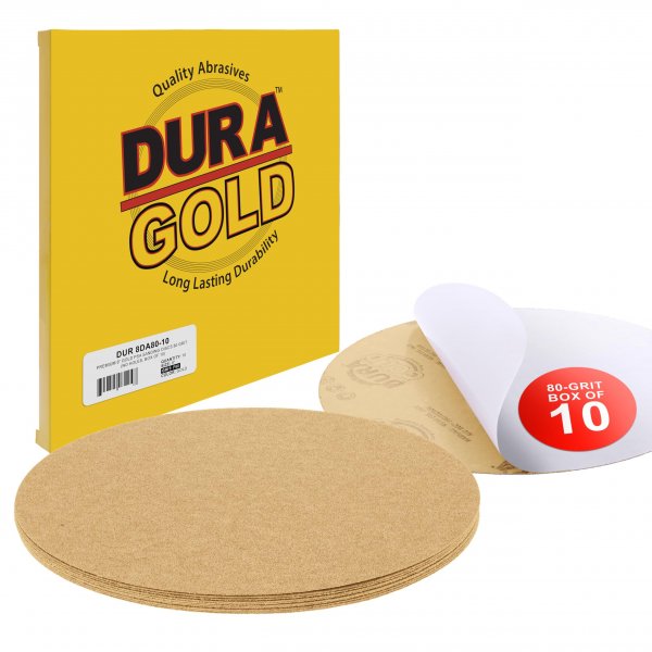 Dura-Gold Premium 8" Gold PSA Sanding Discs - 80 Grit (Box of 10) - Self Adhesive Stickyback Sandpaper for DA Sander, Finishing Coarse-Cut Abrasive - Sand Automotive Car Paint, Woodworking Wood, Metal