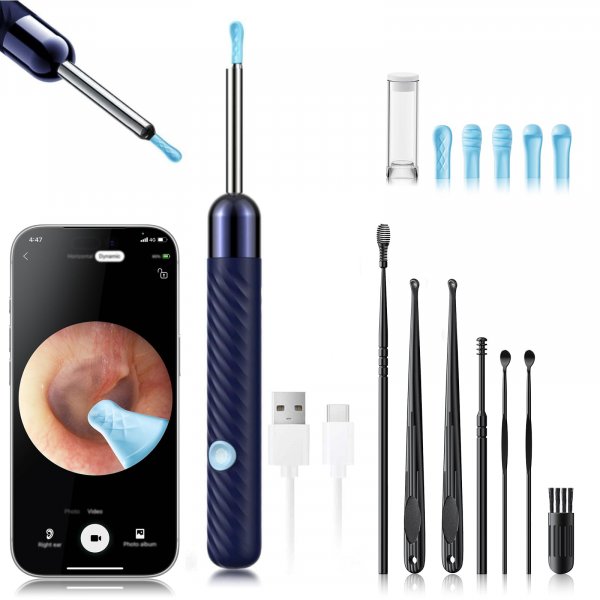 LEIPUT Ear Wax Removal - Earwax Remover Tool with 7 Pcs Ear Set - Ear Canal Cleaner with 1080P Camera - FSA HSA Eligible - Ear Cleaning Kit with 6 Ear Spoon - Ear Camera for iOS & Android (Blue)