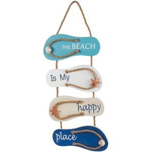 Juvale Wooden Flip Flop Beach Decor Sign - 8.7 x 20.9 in, Blue/White/Beige Coastal Wood - Nautical Decor with Seashells & Rope Hanger - Indoor/Outdoor Wall Accent for Bathroom, Bedroom & Living Room