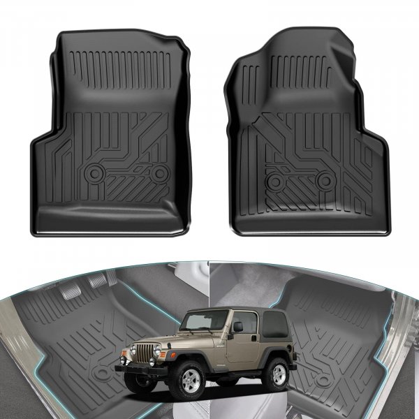 Huidnnas Floor Mats for Jeep Wrangler TJ 1997-2006, TPE All Weather Floor Liners Front Row 2PCS, Waterproof Rubber Car Mats for Wrangler TJ Accessories, Black
