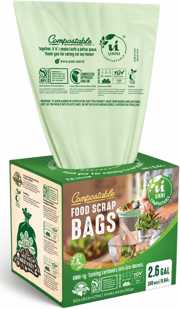 UNNI Compostable Trash Bags, 2.6 Gallon / 9.84 Liter, 100 Count, Extra Thick 0.71 Mil Small Kitchen Food Scrap Bin Liners, Certified by BPI, CMA & OK compost HOME, Meets the ASTM D6400 Standard
