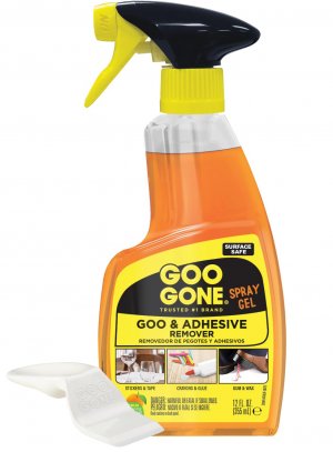 Goo Gone Spray Adhesive Remover Gel 12 Oz with Scraper, Removes Glue, Stickers, Tape Residue, Grease, Gum & Wax, Adhesive Spray with Citrus Cleaning Power for Hard Surfaces, Carpets & Fabrics