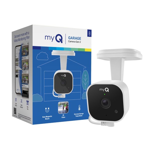 myQ Garage Plug-in Camera Gen 2 – 2K Smart Wi-Fi Garage Camera with Night Vision, Wide-Angle Lens, 2-Way Audio, Magnetic Base & Motion Alerts, App Control – Compatible with Your Garage Door Opener