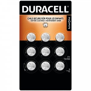 Duracell CR2032 Lithium Battery 3 Volt, 9 Count, Child Safety Features, Compatible with AirTag, Key Fob, Tea Light Candles and Other Devices, 10 Year Storage Guarantee