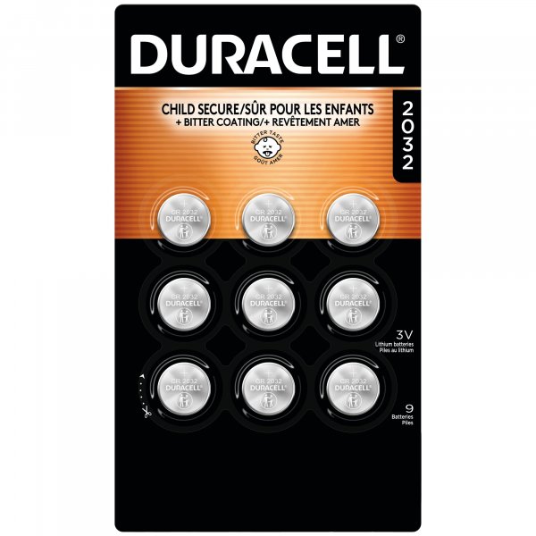 Duracell CR2032 Lithium Battery 3 Volt, 9 Count, Child Safety Features, Compatible with AirTag, Key Fob, Tea Light Candles and Other Devices, 10 Year Storage Guarantee