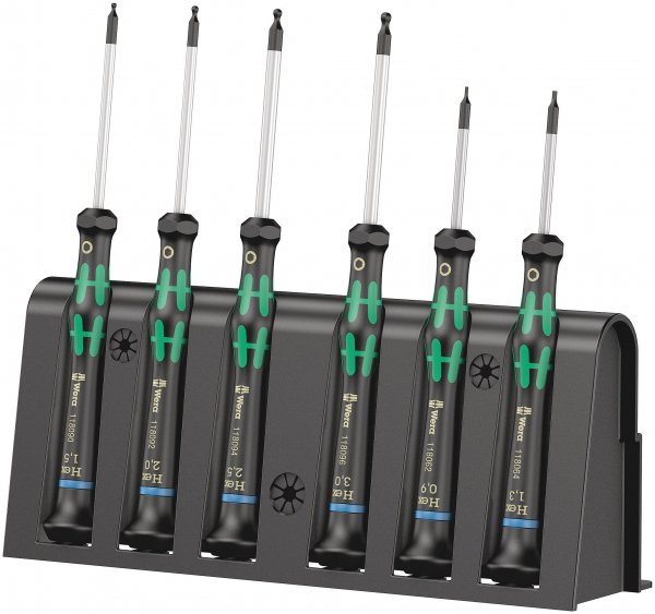 Wera 2052/6 Kraftform Micro Ballhead Hexagon Electronics Screwdriver Set and Rack, 6-Piece